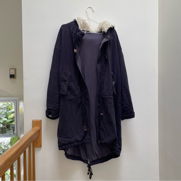 { Free People Outerwear } Oversized Midi Navy Sweatshirt Jacket - Picture 1 of 10